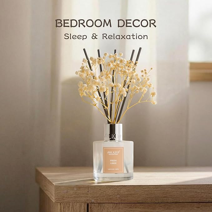 Airkeep Reed Diffuser Set,3.38 fl oz (100 ml) - Fresh Linen Oil Diffusers with 8 Reed Sticks, Home Fragrance Reed Diffuser for Bathroom Shelf Decor Airkeep