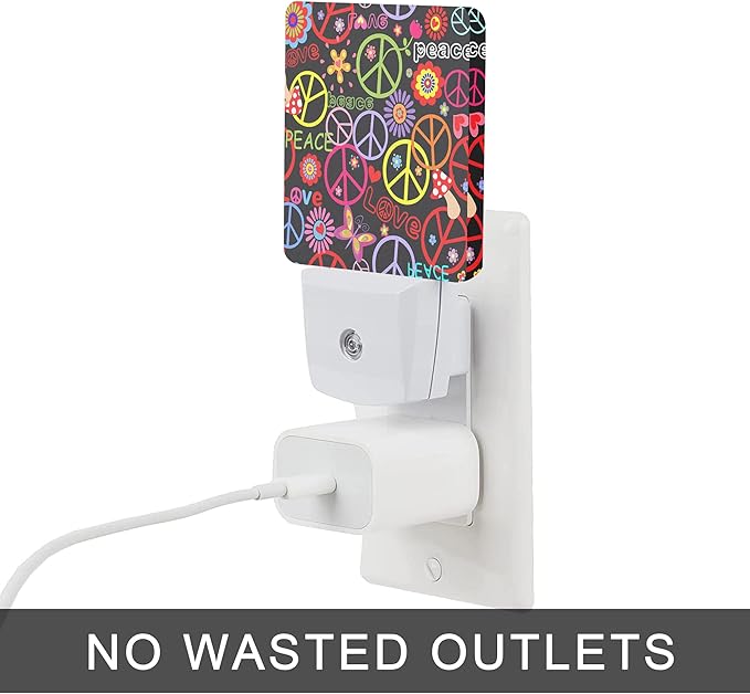 Hippie Peace Flowers Night Light,Hippies Plug-in Night Lights with Dusk-to-Dawn Sensor for Bedroom, Bathroom and Living Room 0.5W Sleep Friendly lamp for for Girlfriend/Boyfriend Gift - Bloomnest