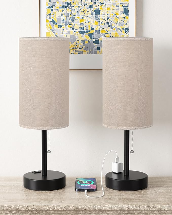 Fenmzee Plus Beige Bedside Table Lamps Set of 2-3 Color Temperatures Pull Chain Lamp with AC Outlet Charging Port, Two Round Night Stand Lamps for Bedroom Guest Room Office, Bed Side Light - Bloomnest