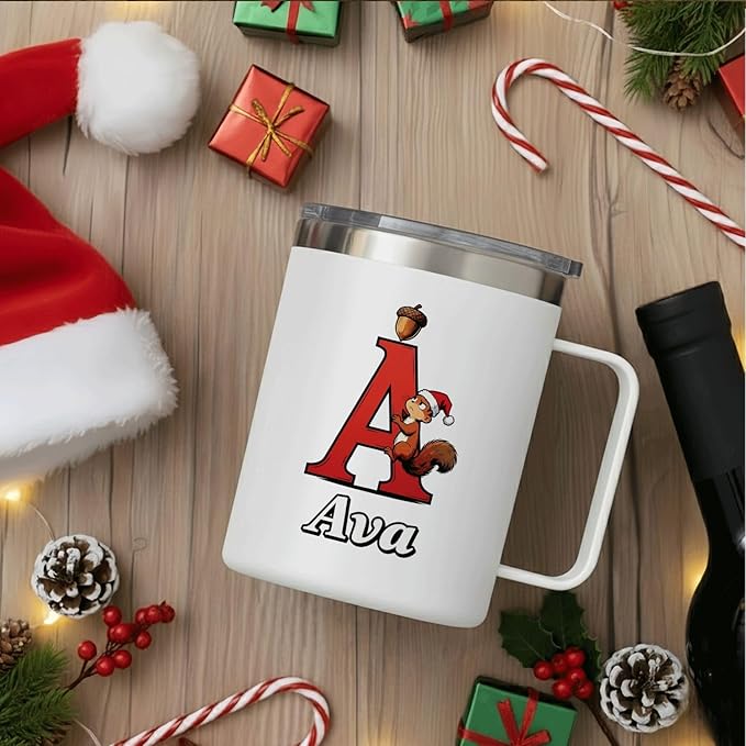 JugJug Personalized Christmas Squirrel Mug with Initial & Name - Cute 12oz Insulated Coffee Cup with Lid - Holiday Xmas Gifts for Kids, Girls (B171) - Bloomnest