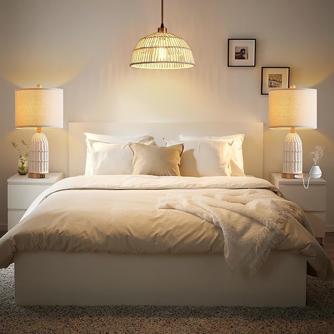 Boho Table Lamps Set of 2, Farmhouse 3-Way Dimmable Touch Nightstand Lamp with 2 USB Charging Ports, White Vintage Bedside Lamp for Bedroom Living Room End Table (Bulbs Included) - Bloomnest
