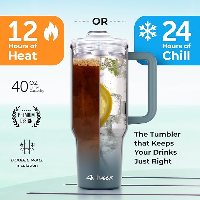 40 oz Tumbler With Handle and Straw Made of Stainless Steel - Double Wall Vacuum Insulated Tumbler With Lid - Sweat Proof Easy Grip, BPA-Free, Dishwasher Safe Tumbler (Black) - Bloomnest