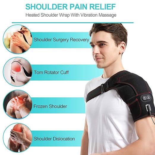 Heated Shoulder Wrap with Massage, Electric Shoulder Massager Heating Pad for Men Women Frozen Shoulder Pain Relief with AC Adapter (Black) - Bloomnest