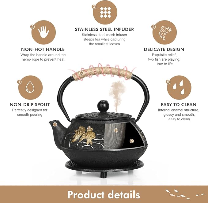 RekRang Hand-Painted Goldfish Cast Iron Teapot Set,Japanese Cast Iron Tea Kettle Set with Removeable Infuser and 4 Stainless Steel Cups,Traditional Tetsubin Tea Pot Sets for Stovetop 750ml/26oz - Bloomnest