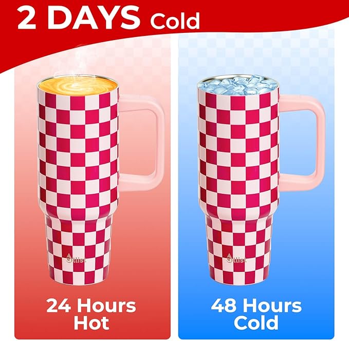 ProTour 100% Leakproof 40 oz Tumbler with Handle & 4-in-1 SipSwig Lid | Built-In Flip Straw & External Stainless Steel Straw | Insulated Stainless Steel Cup | BPA-Free | Pink Checkered - Bloomnest