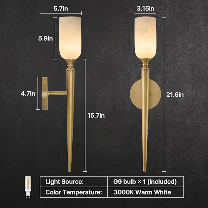 Vintage Alabaster Brass Wall Sconce: Antique Spanish Natural Marble Modern Vanity Wall Lights - 21.6" Long Linear Brushed Gold Sconces - Indoor Sconce for Hallway Bedroom Living Room Bathroom Stair - Bloomnest
