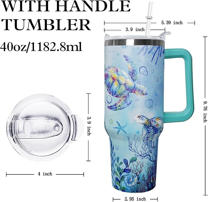Ceovfoi 40 Oz Sea Turtle Tumbler with Handle Lid and Straw,Double Wall Vacuum Stainless Steel Watercolor Ocean Turtle Cup,Water Bottle,Travel Coffee Mug,Hawaiian Sea Turtle Decor,Accessories - Bloomnest