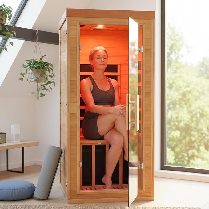 Homsido Red Light Therapy Infrared Sauna for Home – 1300W 110V 1-Person Indoor Wood Sauna w/Carbon Crystal Heaters, Red Light Lamp, Post-Workout Recovery & Spa Relaxation, Gift for Women Men HomsidoFurniture