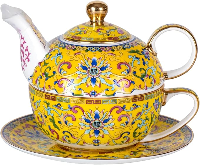 Tea for One, Porcelain Teapot and Cup Set, Vintage Tea Pot and Saucers Set, Ceramic Tea Set for Tea Party, Office and Home, Yellow Tea Cups and Saucer Set for Coffee, Cappuccino, Tea - Bloomnest