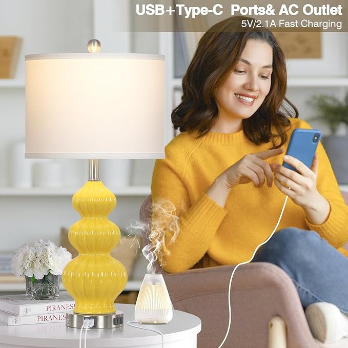 26" Set of 2 Yellow Ceramic Table Lamps with USB A+C Ports & AC Outlet, 3-Way Dimmable Gourd Bedside Nightstand Lamps with White Shade for Bedroom, Living Room, Office - Bloomnest