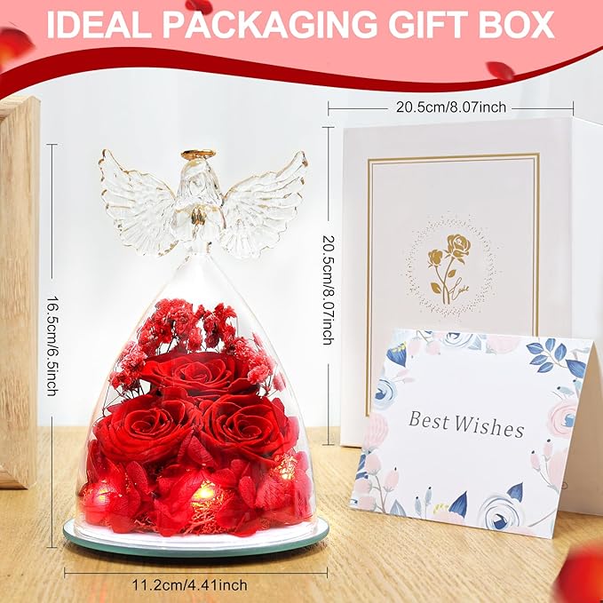 FIACO Valentines Day Gifts for Her Women, Preserved Flowers Forever Eternal Fresh Rose in Glass Angel Figurines Flowers for Delivery Red Roses for Grandma Mom Sister Wife Girlfriend Mother Birthday - Bloomnest