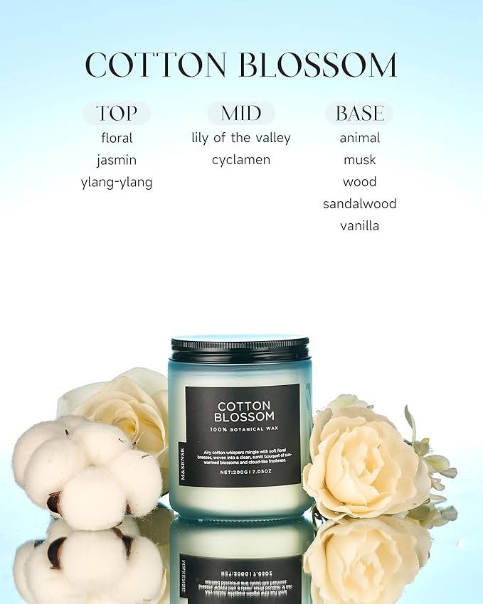 M&SENSE Clean Cotton Scented Candle - 7.05oz Natural Soy Wax Clean Cotton Blossom Scent Non Toxic Candle, 50-Hour Slow Burning 2-Wick Aromatherapy Home Fragrance Gifts for Home Decor - Bloomnest