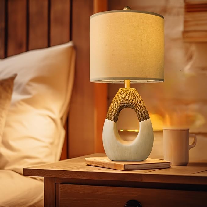 OYEARS 19” Boho Table Lamps Bedroom Living Room,Suitable for Small Space,Farmhouse Rattan Lamp Rustic Egg Design Resin Nightstand Bedside Lamps for Bedroom Living Room Office Study Rest Decor - Bloomnest