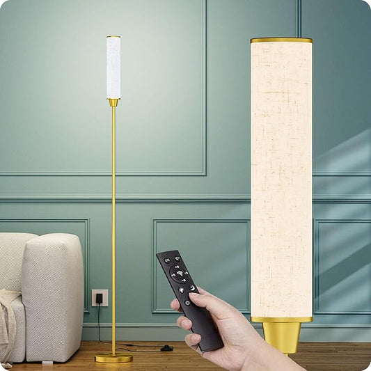 Floor Lamp with Remote Control,Floor Lamps for Living Room/Bedroom/Office, Stepless Adjustable 3000K-6000K Colors and 10-100% Brightness,Standing Light with Foot Switch (brassgold+Beige Linen) - Bloomnest