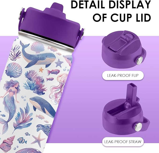 Ocean Gifts for Kids - 16 Oz Purple Water Bottle with Straw Lid, Stainless Steel Insulated Tumbler, Leak Proof, BPA-Free, for Girls & Boys, School, Beach - Marine Life Lovers Birthday Gifts (1pc) - Bloomnest
