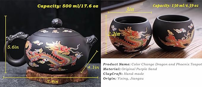 Hand-made Dragon and Phoenix Color-changing Purple Clay Teapot – Chinese Kung Fu Tea Set, Tea Lover’s Gift, Large Capacity (Teapot+2* Teacups) - Bloomnest