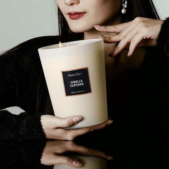 HomeLights Highly Scented Soy Candles Big 33.3 oz for Home. 3 Cotton Wicks, Smokeless Long Lasting 130 hrs in Vanilla Cupcake. 5x6, Great Gift for Women & Men - Bloomnest