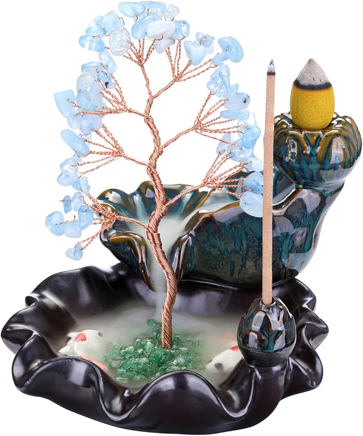 Jovivi Backflow Incense Burner Ceramic Incense Waterfall, Natural Aquamarine Healing Crystal Money Tree Incense Holder for Wealth, Good Luck, Yoga Meditation, Home Decor - Bloomnest