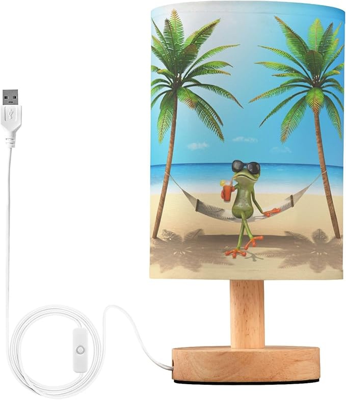 Frog Palm Tree Hammock Table Lamp with Wooden Base and Linen Fabric Shade, Multicolor, 13 cm x 5.12 inches x 9.7 inches, LED, USB, Touch Control, Non-Flashing Warm Light, Indoor Use, 1 Pack - Bloomnest