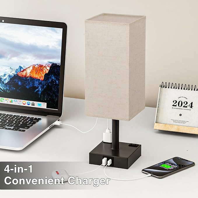 Touch Bedside Table Lamp for Nightstand - 3-Way Dimmable Night Lamp with USB A + Type C Charging Ports and Two AC Outlets, Small Desk Light with E26 LED Bulb for Bedroom Living Room Dorm, Beige - Bloomnest
