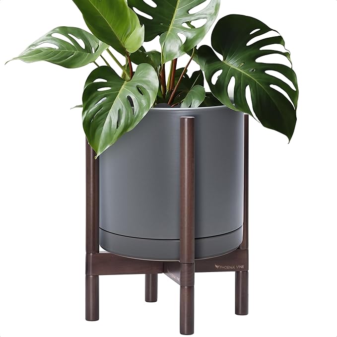 D'vine Dev Ceramic Planter with Walnut Color Stand - 12 Inch Modern Round Flower Pot with Wood Planter Holder, Grey, 55-B-W-3 - Bloomnest