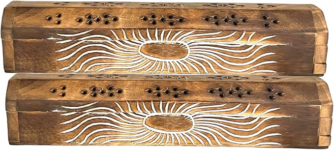 2 Pack Wooden Coffin Incense Sticks Burner - 12 Inches Carved - Storage Compartment, Carved Sun - Bloomnest