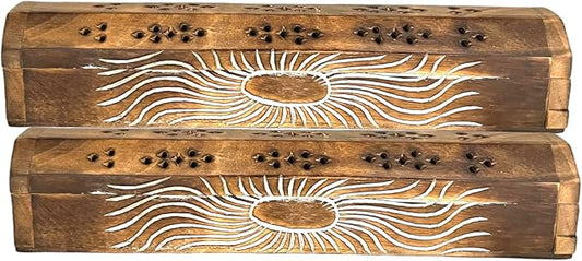 2 Pack Wooden Coffin Incense Sticks Burner - 12 Inches Carved - Storage Compartment, Carved Sun - Bloomnest