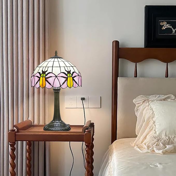 Tiffany Lamp Yellow Beetle Pink Stained Glass Table Lamp Vintage Bedroom Desk Light for Home Dorm Office Art Craft Antique Decor Accent Aesthetic Nightstand Reading Light - Bloomnest