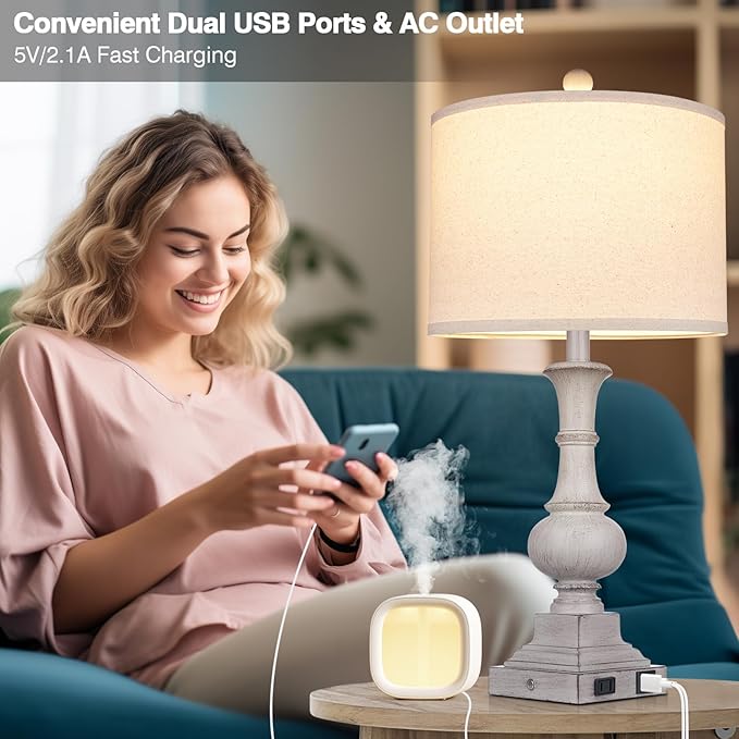 Farmhouse Lamps Set of 2, 26" Vintage Rustic Touch Control Bedside Lamp with USB A+C Ports & AC Outlet, 3-Way Dimmable Boho Nightstand Lamp Washed Resin Linen Fabric Shade for Living Room Bedroom Grey - Bloomnest