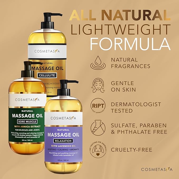 Cosmetasa Massage Oil Set - Arnica & Peppermint Sore Muscle Relief, Cellulite & Lavender Body Massage Oils - Gua Sha Therapy - Bloomnest