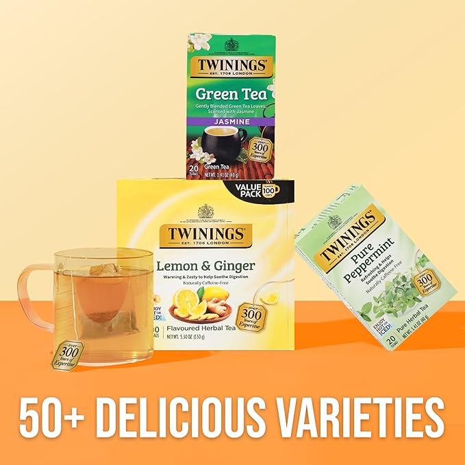 Twinings Lemon & Ginger Herbal Tea Individually Wrapped Bags, 100 Count (Pack of 1), Tangy Lemon, Spicy Ginger, Naturally Caffeine-Free, Enjoy Hot or Iced, 100 Teabags - Bloomnest