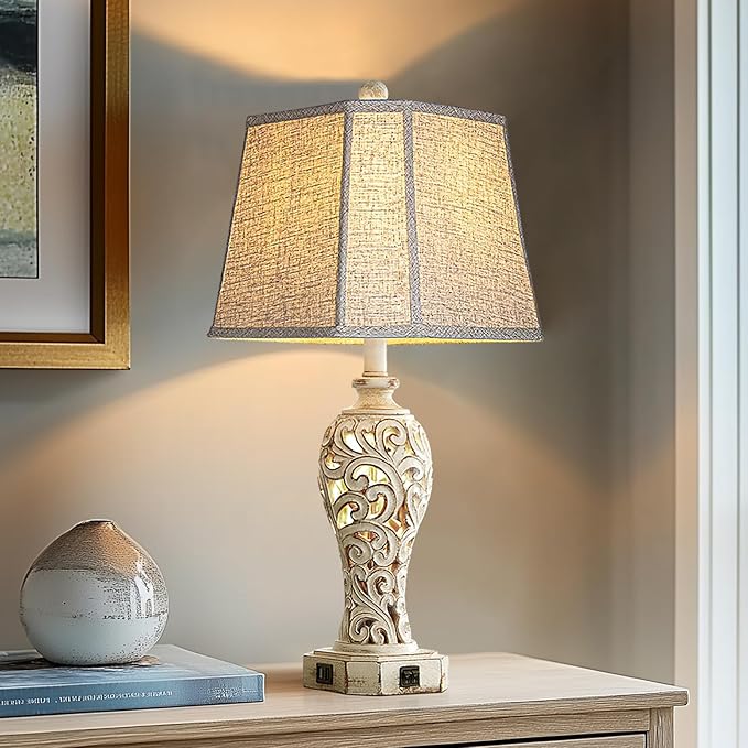 25'' Farmhouse Table Lamp for Living Room Bedroom, 2 USB Ports Vintage Rustic Nightstand Desk Lamp with Nightlight, White Hollow Out Resin Lamp for End Table (Bulb Included) - Bloomnest