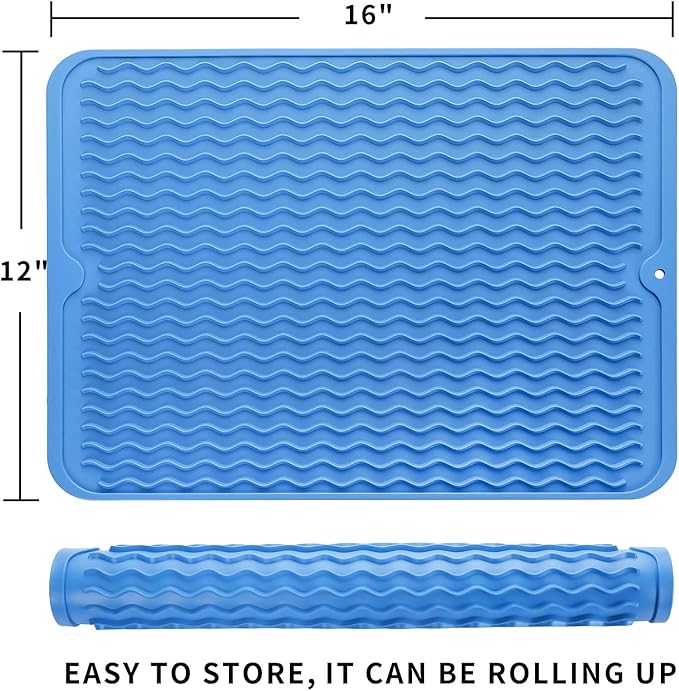 Silicone Dish Drying Mat for Multiple Usage,Easy clean,Eco-friendly,Heat-resistant Silicone Mat for Kitchen Counter or Sink,Refrigerator or drawer liner Lichen BlueL L 16 inches x 12 inches - Bloomnest