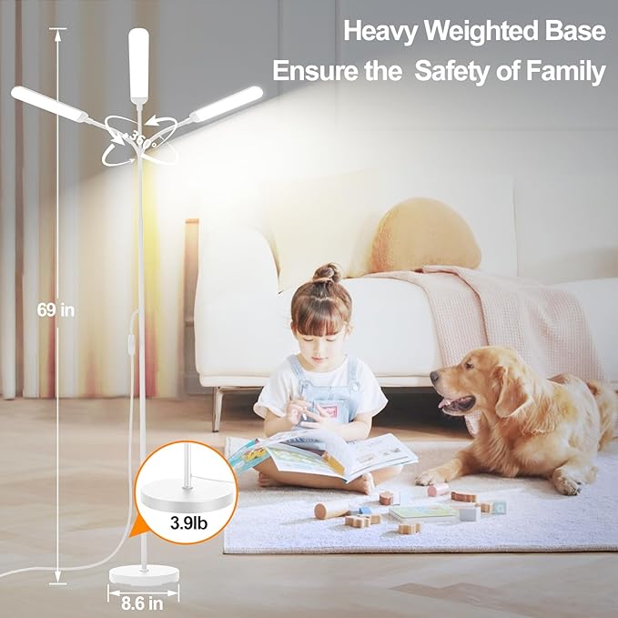 White LED Floor Lamp, 18W 1800lm Super Bright Dimmable Floor Lamps for Living Room Bedroom with Timer, Stepless Adjustable 2700K-6500K Colors & Brightness Standing Lamp with Remote & ON/Off Switch - Bloomnest