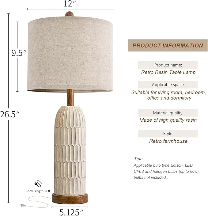 OYEARS 26.5" Table Lamps Set of 2 with USB A+C Charging Ports for Bedroom Living Room Farmhouse Bedside End Lamps Rustic Nightstand Lamps, Brown - Bloomnest