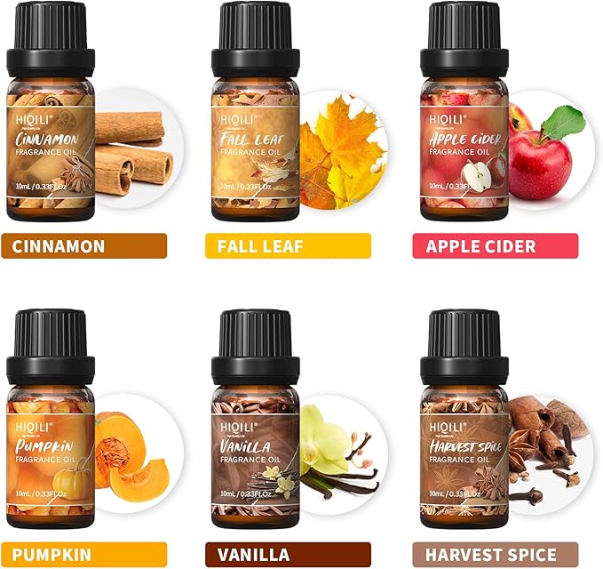 HIQILI Spice Fragrance Oil, Scented Oil 6x10ml for Candle Making Soap Slime, Fall Essential Oils for Diffuser Home, Cinnamon Pumpkin Vanilla Apple Cider Harvest Spice Fall Leaf, Christmas - Bloomnest