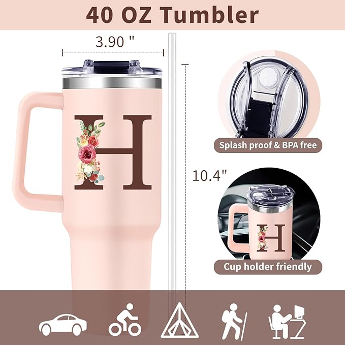 Monogrammed 40oz Tumbler with Handle for Women, Personalized Birthday Gifts for Women,Initial Cups for Woman Floral Letter H,Customized Gifts for Female Lady Gift for Mothers Day Christmas - Bloomnest