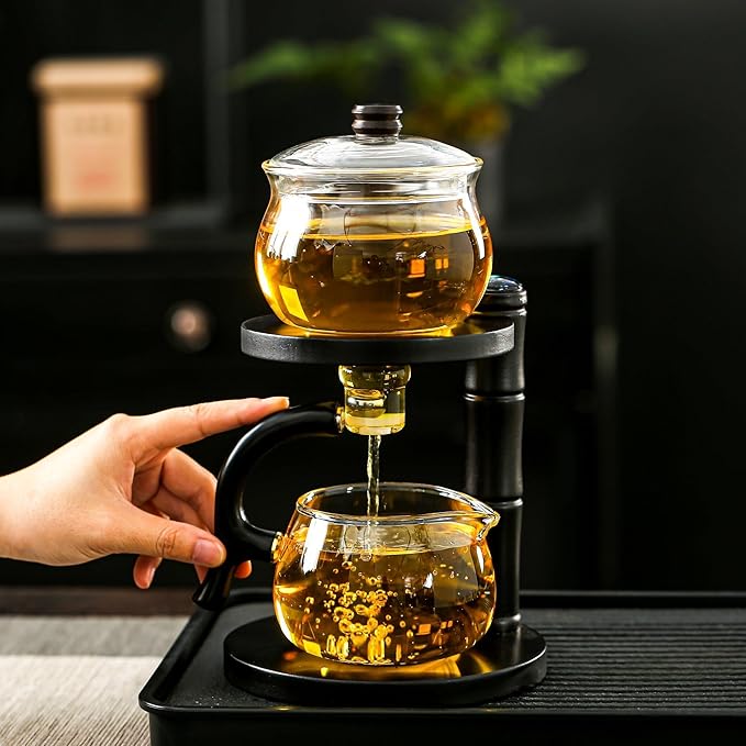 Glass Teapot Set with Infuser Semi Automatic Tea Set Magic Teapot (Bamboo - black) - Bloomnest
