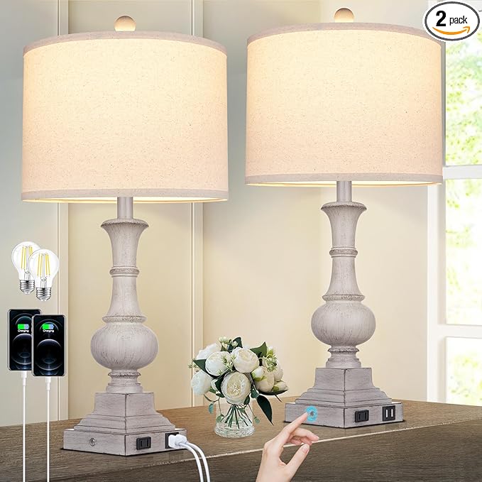 26" Farmhouse Table Lamps Set of 2, Rustic Touch Control Bedside Lamps with 2 USB Ports & AC Outlet, Vintage Resin 3-Way Dimmable Nightstand Lamp Linen Fabric Shade for Living Room Bedroom Decor Gray - Bloomnest