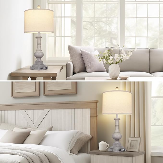 26" Farmhouse Lamp with 2 USB Ports & AC Outlet, Vintage Rustic Touch Control Bedside Lamp, Resin 3-Way Dimmable Nightstand Lamp Fabric Shade for Living Room Bedroom Decor Gray(LED Bulb Included) - Bloomnest