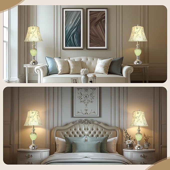 Bedside Table Lamp Set of 2 with Nightlight and USB A+C Ports, 27'' High Vintage Table Lamps with Silver Leaf Finish and Embroidered Shade, Nightstand Lamps Decor for Bedroom Living Room Home Office - Bloomnest