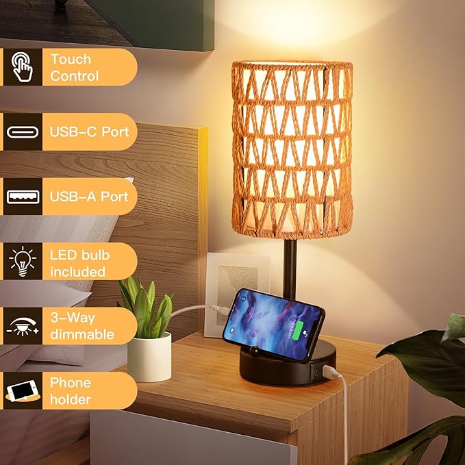 Rattan Table Lamps for Living Room, 3 Way Dimmable Touch Lamps, Small Bedside Lamps with LED Bulbs, Phone Stand, USB Ports and AC Outlet, Boho Nightstand Lamp for Kids Room, Bedroom, Office (1 Pack) - Bloomnest