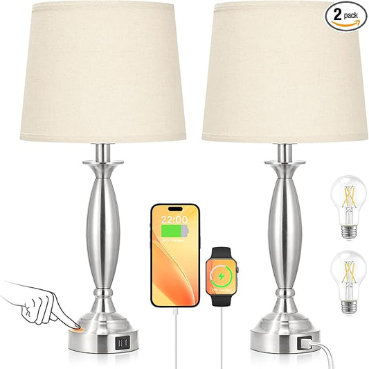 Beige Lamps for Bedrooms Set of 2 - Touch Control Bedside Lamp with USB C+A, 3 Way Dimmable Nightstand Lamps with USB Port, Table Lamp for Living Room(Beige Shade and Nickel Base) - Bloomnest