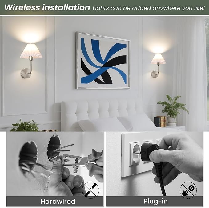 Wireless Wall Sconce Sets of 2, Pleated Shades Rechargeable Battery Operated Wall Sconce, Retro Industrial Brushed Nickel Bathroom Vanity Lights, Wall Mounted Lamps for Bedroom Living Room Hallway - Bloomnest