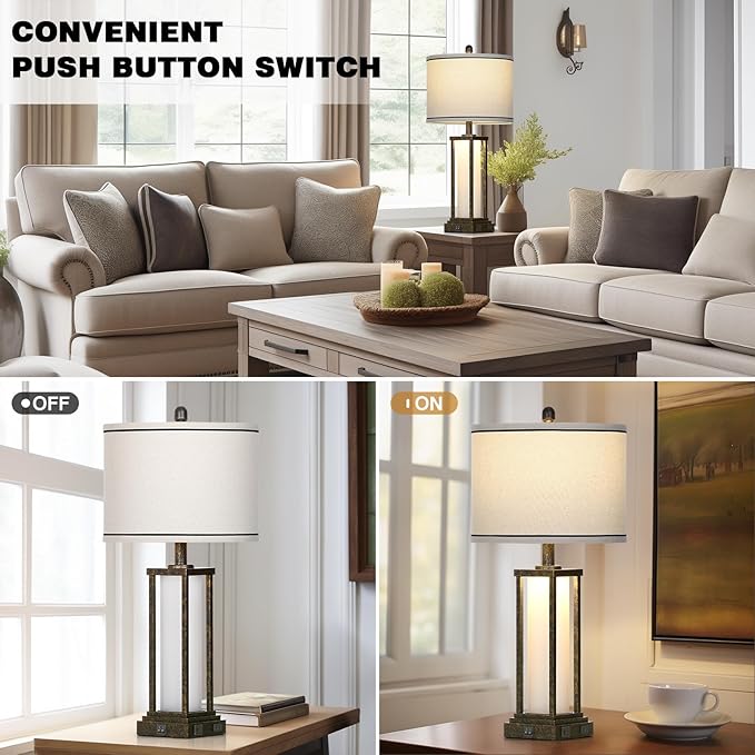 27" Tall Vintage Table Lamp Set of 2 with USB C+A & Outlet,Bronze Industrial End Table Lamp for Living Room,Farmhouse Rustic Bedside Lamps with Frosted Glass Night Light for Bedroom Nightstand,Bronze - Bloomnest