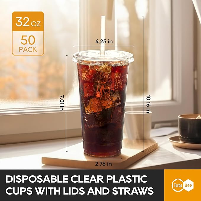 Turbo Bee 50 Sets 32 OZ Clear Plastic Cups with Lids and Straws, Disposable To Go Iced coffee cups with lids for Cold Drinks, Smoothie, and Slushie - Bloomnest