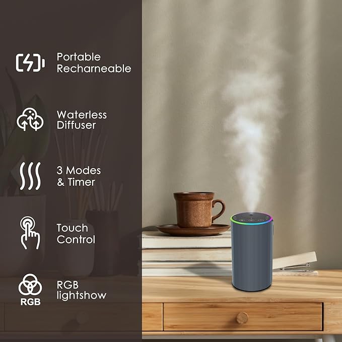 Waterless Essential Oil Diffuser, Battery Powered Mini Scent Air Machine, Aromatherapy Mist Diffuser for Home Room Car Office (Grey) - Bloomnest