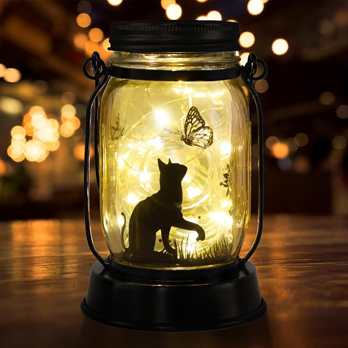 Cat Lover Gifts for Mom/Grandma/Women/Sister Cat Butterfly Solar Light Gifts Mother Day Gift Solar Lanterns Outdoor Waterproof Fairy Lights Led Mason Jar Hanging Cat Lamps Decor for Garden Yard Patio - Bloomnest