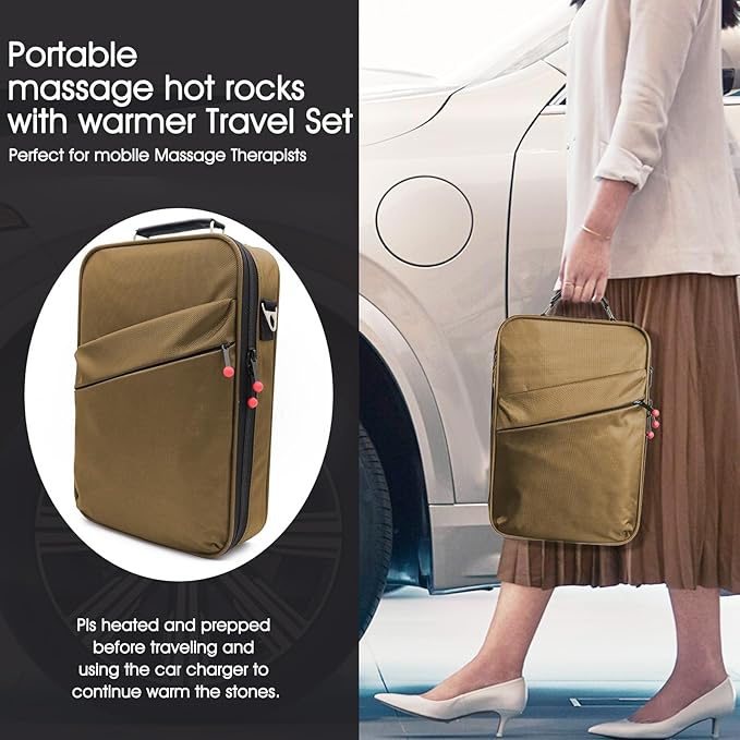 Portable 20 PCS Massage Stones Warmer Set, Temp Control Hot Stone Heater, Heating Massager Travel Bag w/Car Adapter for Professional/Home Spa (Brown) - Bloomnest