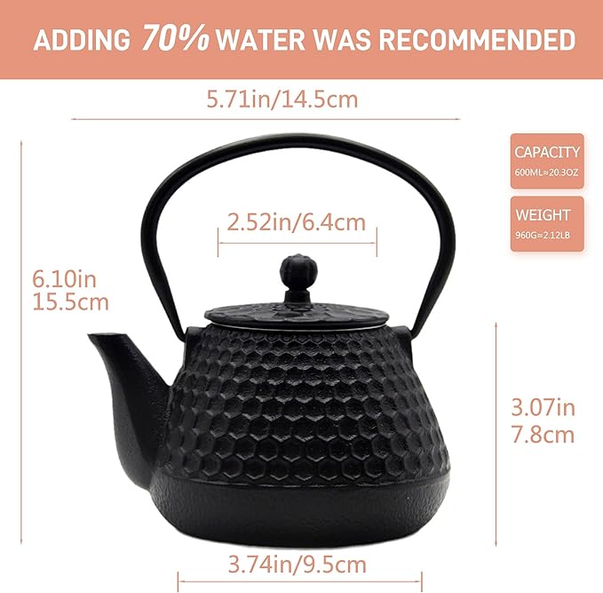 20.3oz Small Cast Iron Teapot, SECHUDO Cast Iron Tea Kettle for Stovetop Safe Coated with Enameled Interior, Cast Iron Tea Pot with Stainless Steel Infuser for Loose Tea (Black Honeycomb Pattern) - Bloomnest